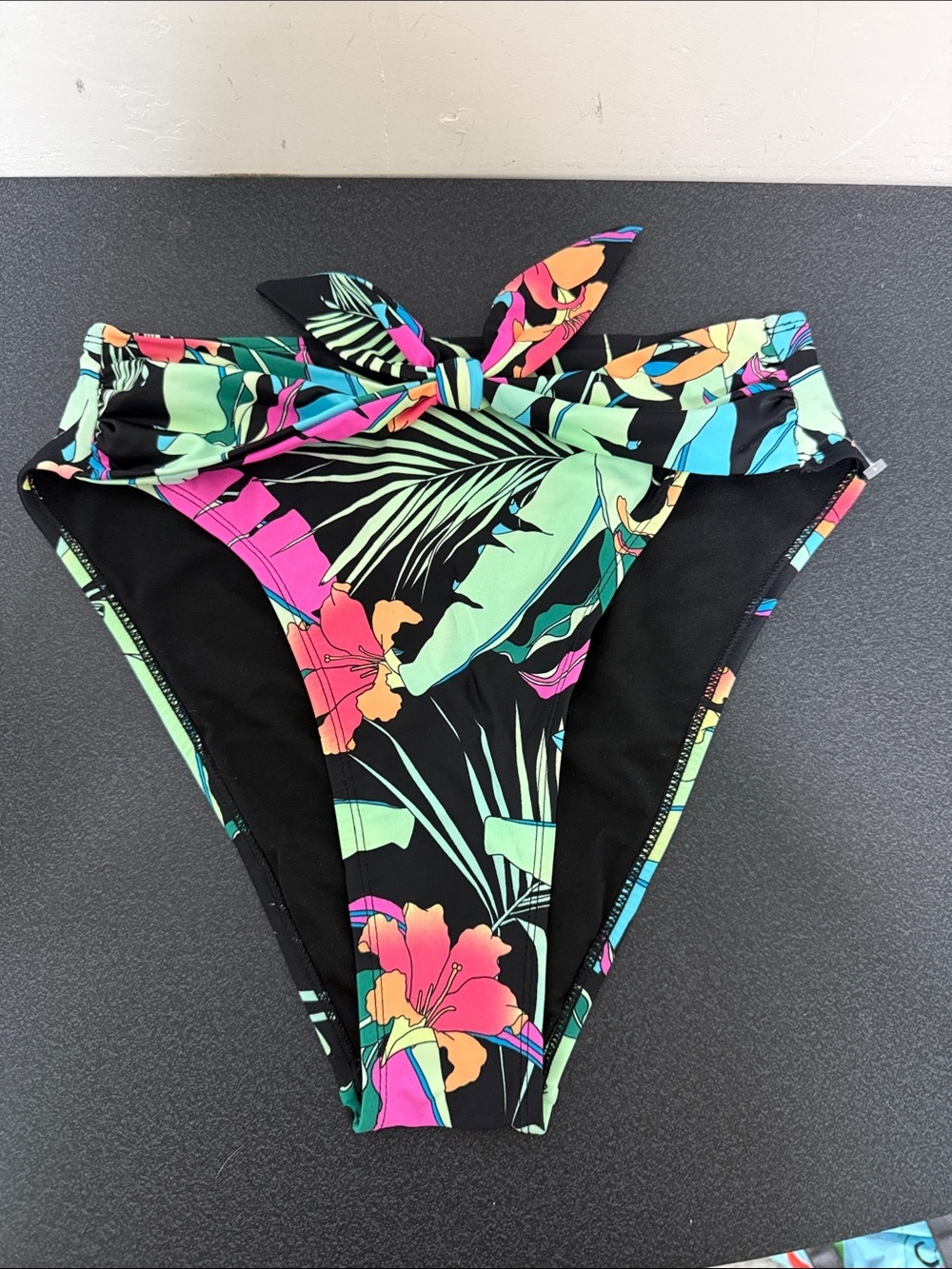 Tropical Floral High Waist Bikini Bottoms - Black & Neon